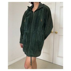 90's Vintage WILSON'S Green Leather Jacket with Detachable Hood, Gold Accents, M